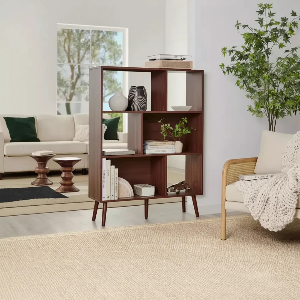 3-Tier Mid-Century Modern Wooden Bookcase with Removable Back Panels, Offset Pine Legs