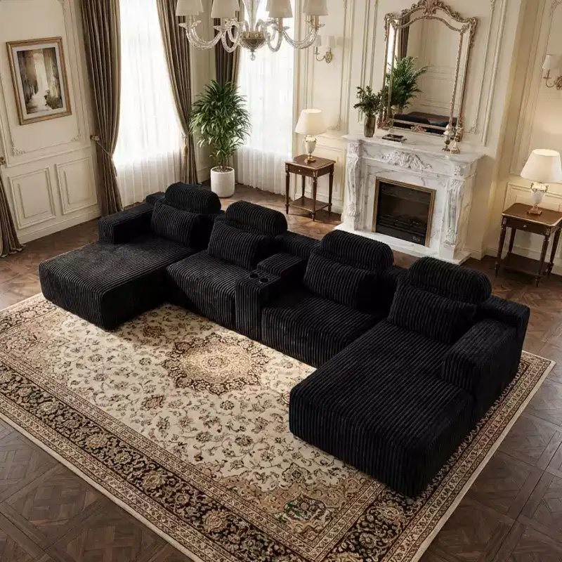 GDFStudio Velmoura Modern U-Shaped Corduroy Upholstered Sectional Sofa with Cup Holders