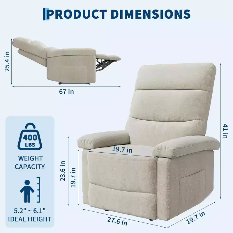 GustoWave Fabric Manual Recliner with Side Pocket, Adjustable Single Sofa with Ergonomic Back Support for Nursery