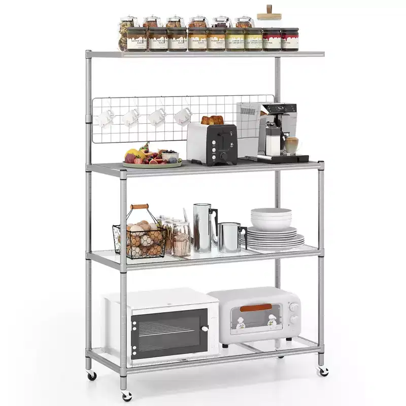 4-Tier Coffee Bar Table with Adjustable Shelves, S Hooks, Hanging Net & Shelf Liner – Silver