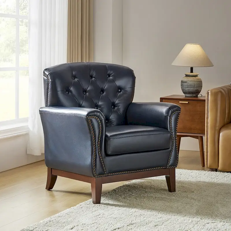 Burt Traditional Genuine Leather Accent Chair with Tufted Wing Back by HULALA HOME