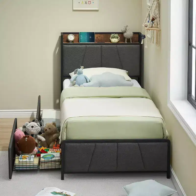Twin Bed Frame with Linen Upholstered, 2 Storage Drawers & Storage Headboard & Charging Station, Noise Free, 800lbs