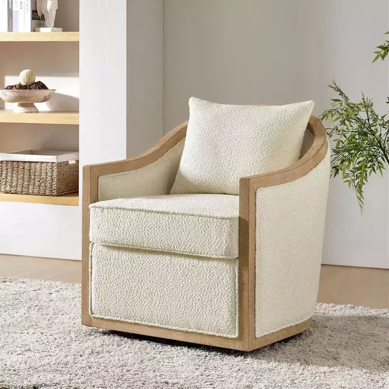 Farmhouse Rattan Swivel Armchair with Solid Wood Edging – Ivory
