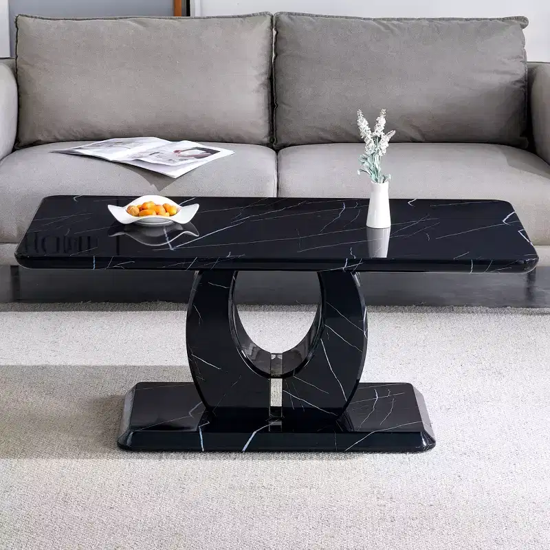 43W Coffee Table Cocktail Table Center Table, Marble Pattern/Wood Texture, Minimalist, White/Black/Walnut-ModernLuxe