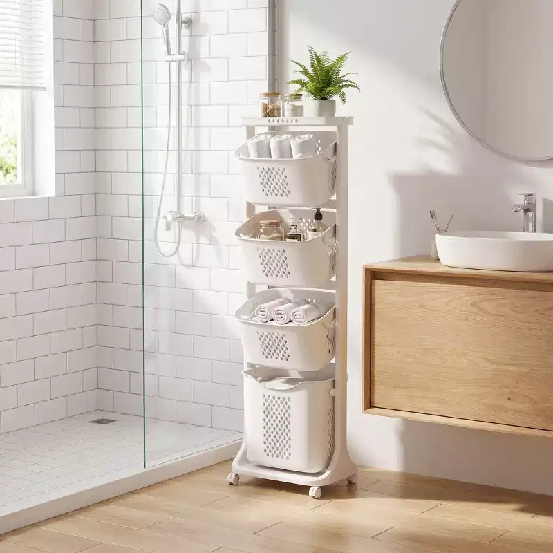 White 4-Tier Rolling Laundry Sorter with Removable Baskets & Wheels, Laundry Storage Organizer Cart for Bathroom Laundry Room