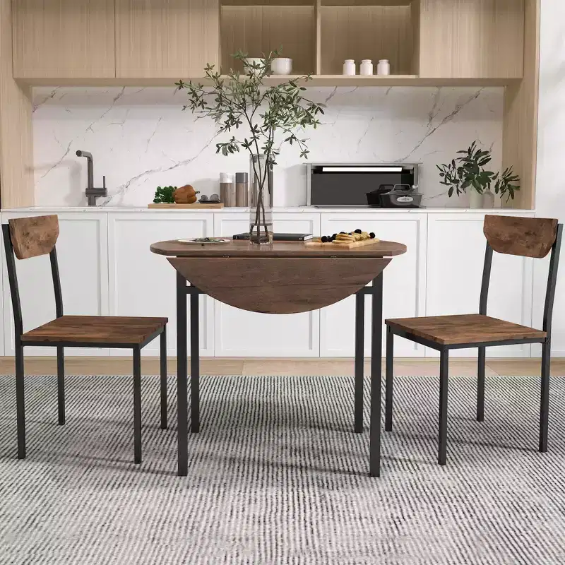 MAYEERTY 3-Piece Modern Round Drop Leaf Dining Table Set, Black Frame Rustic Brown Finish with 2 Chairs for Small Spaces