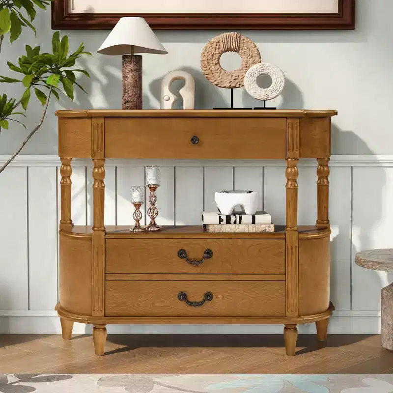 JVNOXK 43-inch Vintage Curved Wood Console Table with 3 Drawers, Entryway Table with Storage Shelf, Suitable for Living Room , Brown