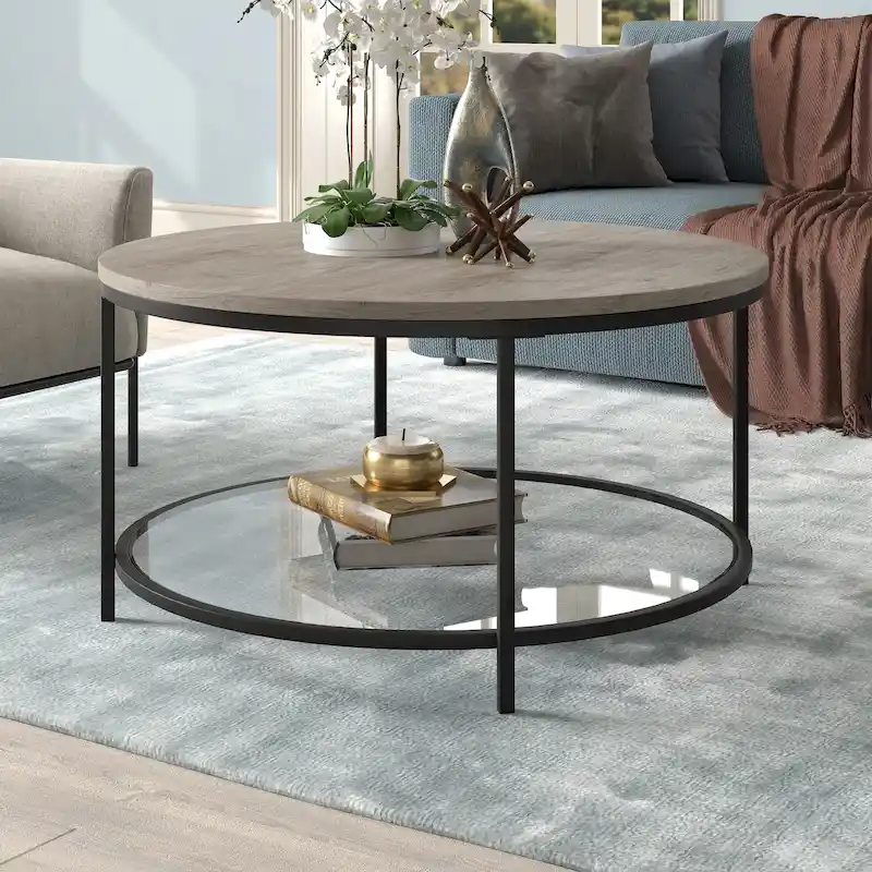 Sevilla 32 Wide Round Coffee Table with MDF Top and Glass Shelf - 32 Wide