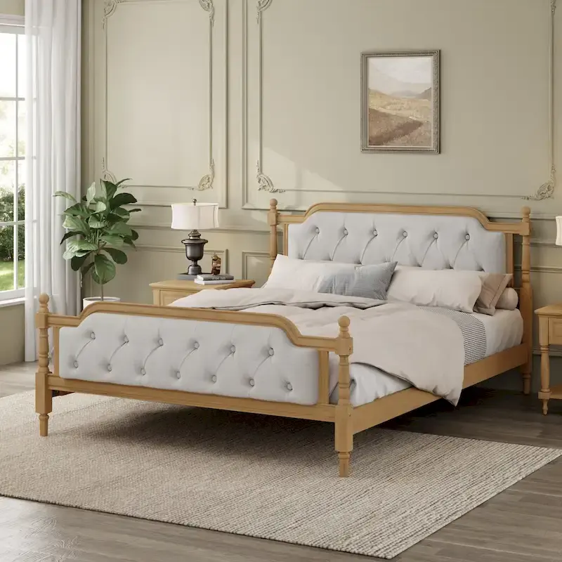 Solid Wood Bed Frame with Upholstered Tufted Headboard – No Box Spring Needed