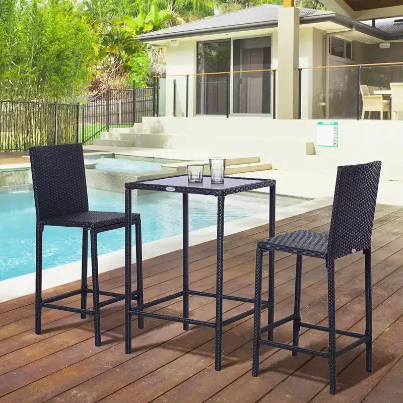 Outsunny 3 PCS Rattan Bar Set with Glass Top Table, 2 Bar Stools for Outdoor, Patio, Garden, Poolside, Backyard