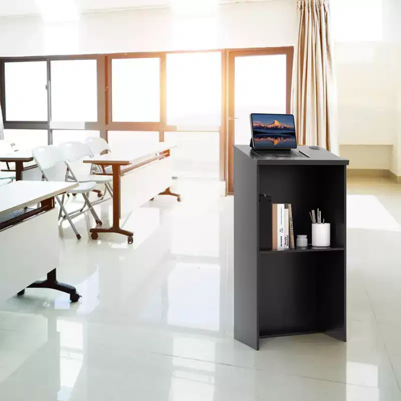 Wooden Floor Standing Podium Lectern | Adjustable Shelf, Pen Tray, Cable Holes