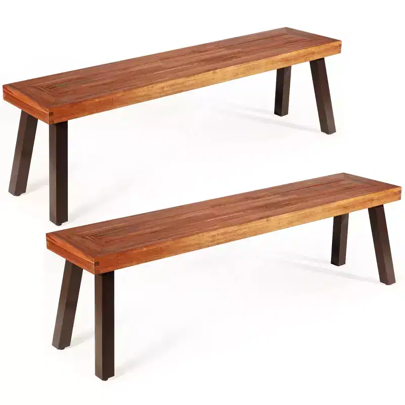 Costway Set of 2 Patio Acacia Wood Dining Bench with Rustic Steel Legs Outdoor Indoor