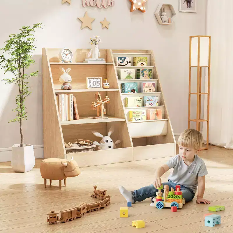 Kids Bookshelf with 5-Tier Sling Pockets and Toy Storage Wooden Book Display Organizer with Fenced Bottom Compartment White 31.5 Inch