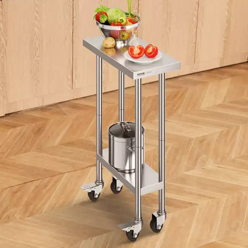 Stainless Steel Work Table 24 x 12 x 38 Inch, 500 LBS Capacity with 4 Wheels and 3 Adjustable Height Levels