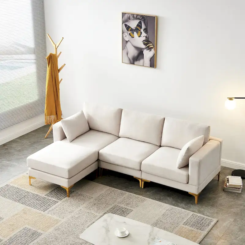 Christopher Knight Home - Beige L-Shape Sectional Sofa with Gold Metal Legs and Ottoman