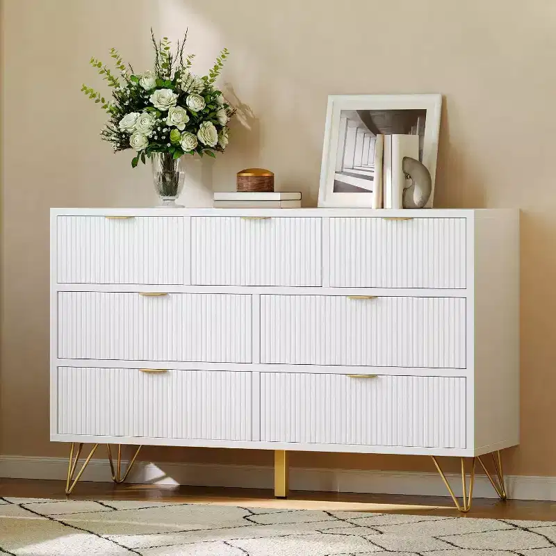 Acekool 7 Drawer Dresser, 47.2 Wide Modern White Chest with Gold Metal Legs, Storage Organizer for Bedroom, Entryway, Living Room