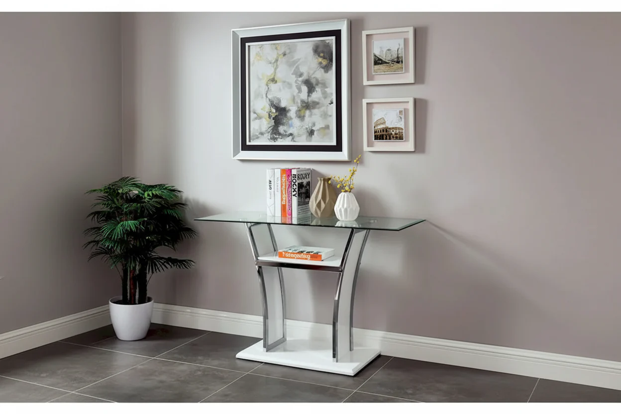 White / Black Modern Sofa Table for 1 – Tempered Glass Top, Chrome Metal Legs