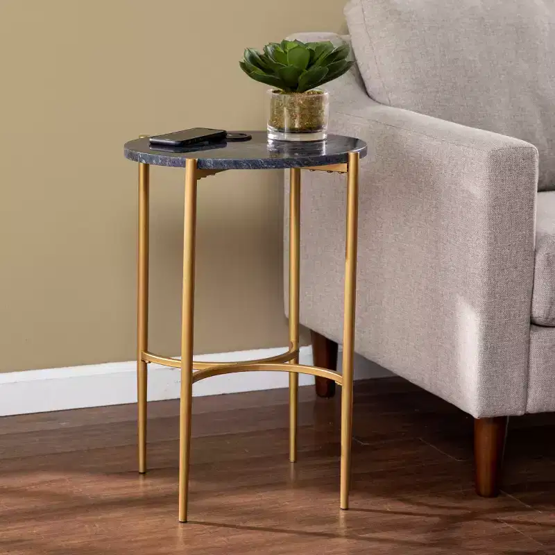 Side Table with Wireless Charging Station - Gold/Black