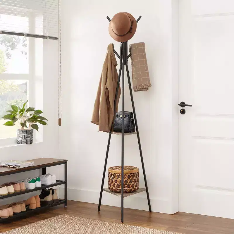 Coat Rack Freestanding, Coat Hanger Stand, Hall Tree with 2 Shelves, for Clothes, Hat, Bag, Industrial Style