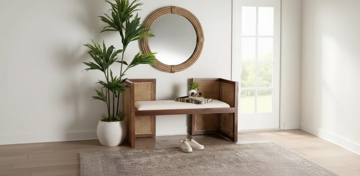 Lovina Rattan and Acacia Wood Accent Bench Light Honey/Light Brown