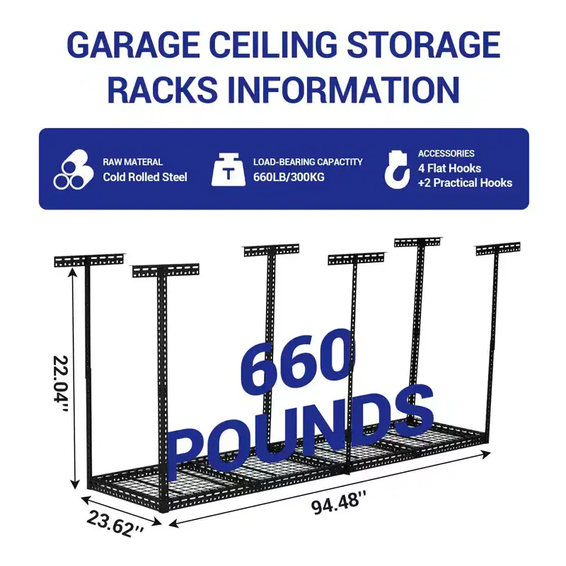 Overhead Garage Storage Rack ,Steel Ceiling Shelves Capacity,Height Adjustable 22-40 Inches,Space-Saving for Attic Basement Shed (4/6 Posts)