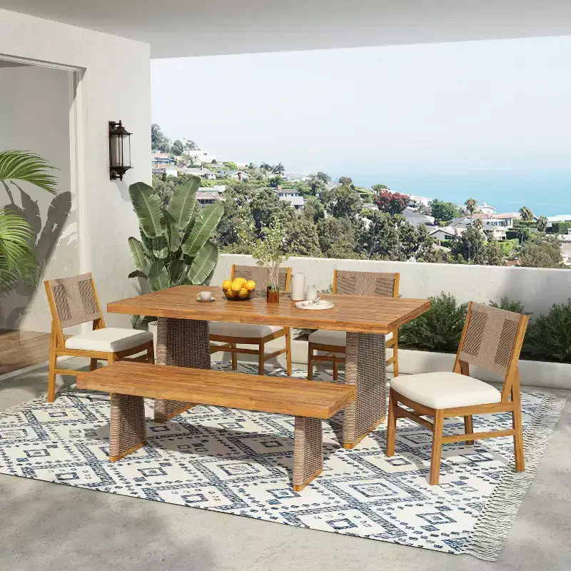 Christopher Knight Home Mabel Rustic 6 Piece Outdoor Acacia Wood Rattan Dining Set with Slatted Table and Cushions