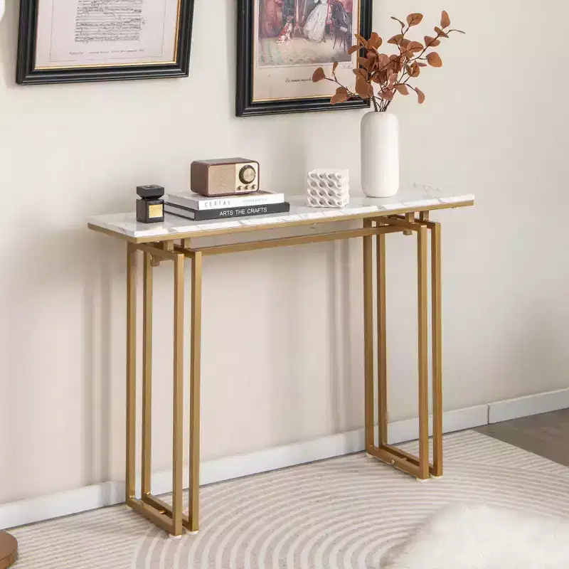 Costway 43.5'' Console Table Faux Marble Entryway Sofa Table with Metal Legs Living Room Black/Gold