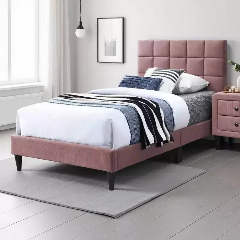 Royal Hampton Twin Bed, Tufted Pink Linen Upholstery, Biscuit Tufted Stitch