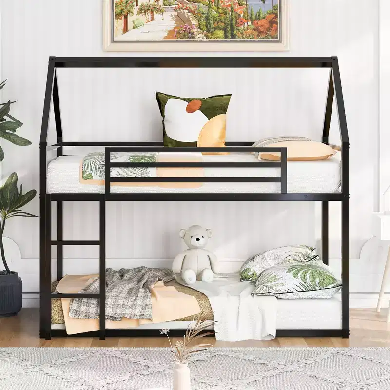 Metal Twin over Twin House-Shaped Bunk Bed with Built-in Ladder