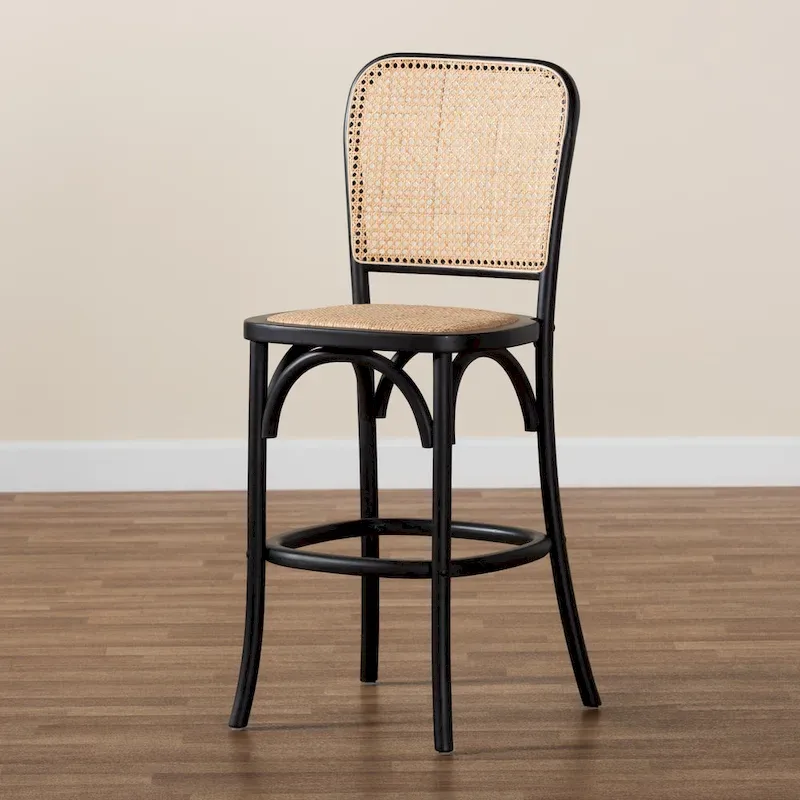 Vance Mid-Century Modern Woven Rattan and Wood Counter Stool
