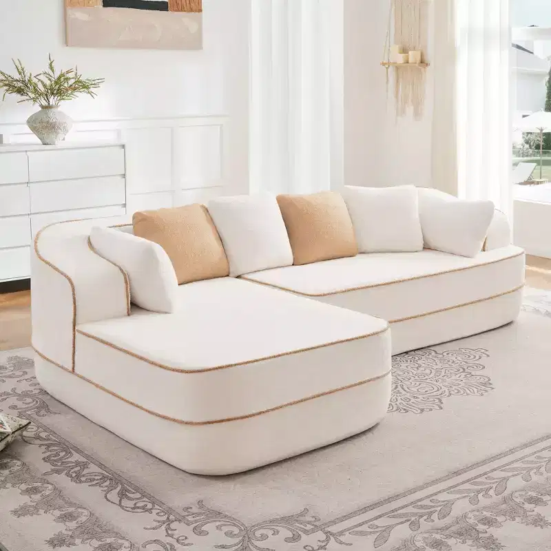 106 Teddy Fabric No Assembly 32D High Density sponge Boneless Sofa, Fluffy Comfy Couch with L-Shaped Chaise for Living Room