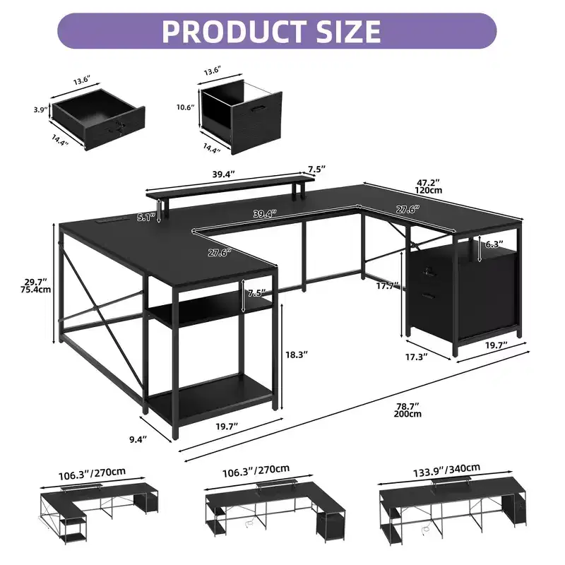 U Shaped Desk With Power Outlets & LED Lights Desk With Drawers Corner Computer Desk Office Desk With Monitor Stand & Storage Shelves Black