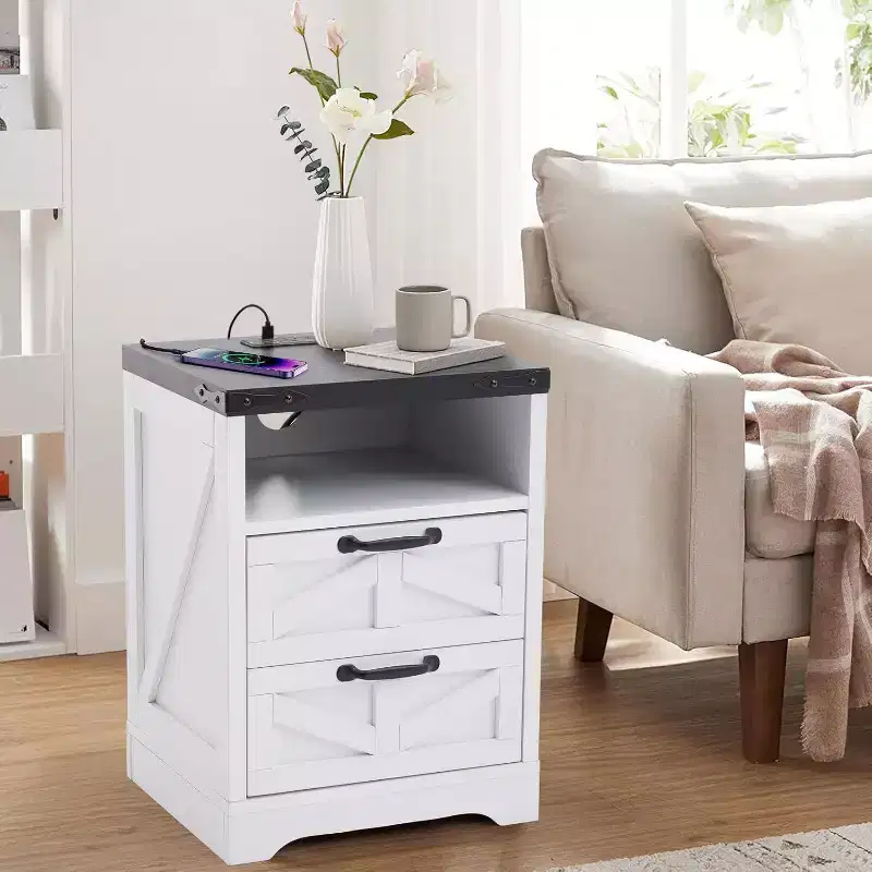 Farmhouse Nightstand with Charging Station, 2-Drawer Rustic End Table with USB Ports & Outlets, Industrial Wood Bedside Table, White