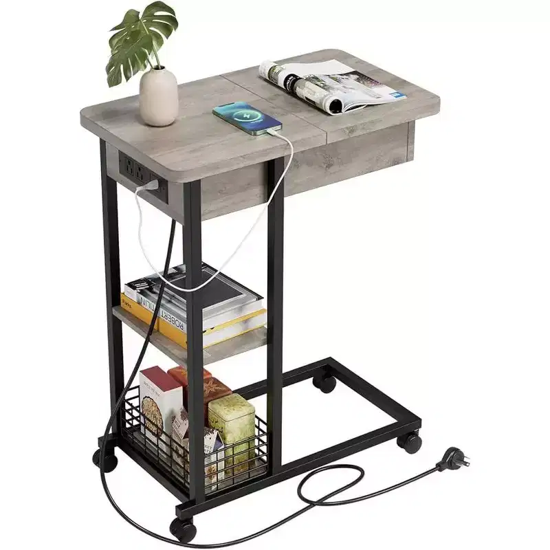 C-Shaped Foldable Side Table with Built-In Charging Station, USB Ports, and Outlets for Living Room and Bedroom - Compact, Narrow Design