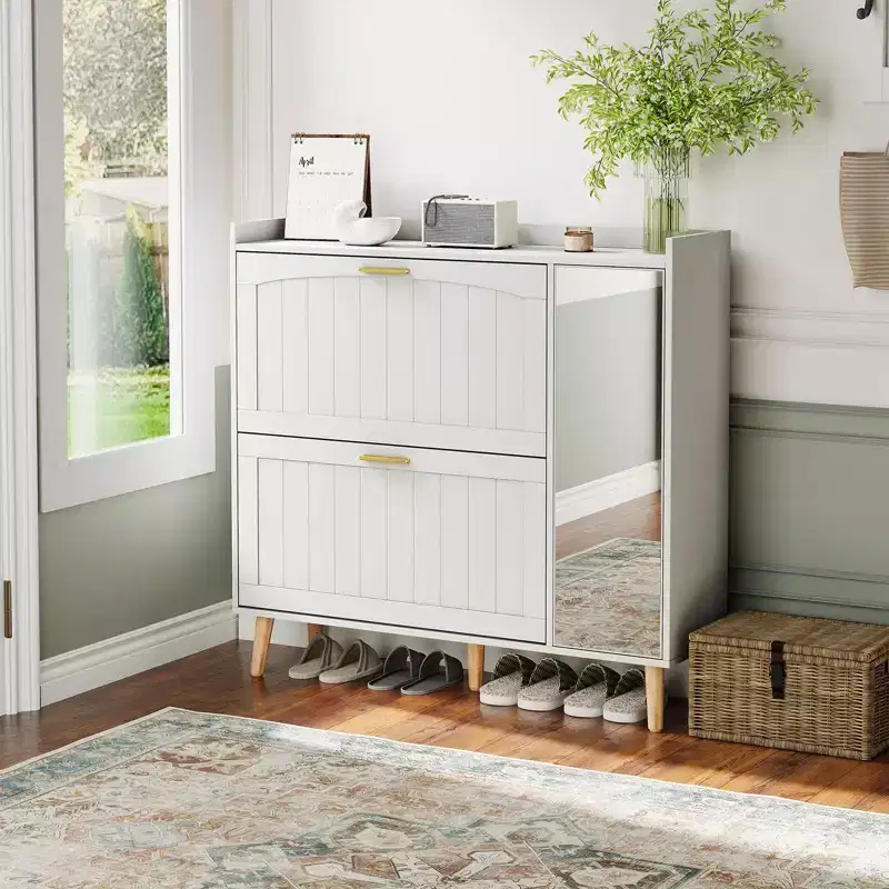 Wooden Shoe Cabinet with Mirror, 2 Flip Drawers & Side Storage Cabinet, Freestanding Modern Shoe Storage with Adjustable Shelves for Hallway, Bedroom