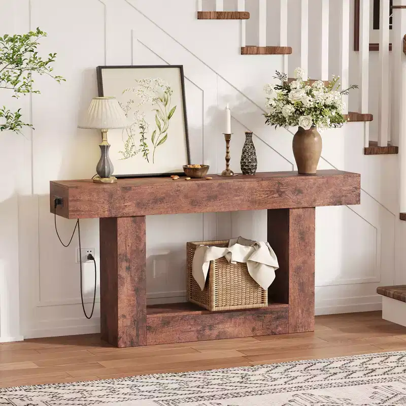 63 Narrow 2-Tier Console Table with Charging Station, Wooden Sofa Table for Entryway, Foyer, or Living Room, Behind Couch Storage