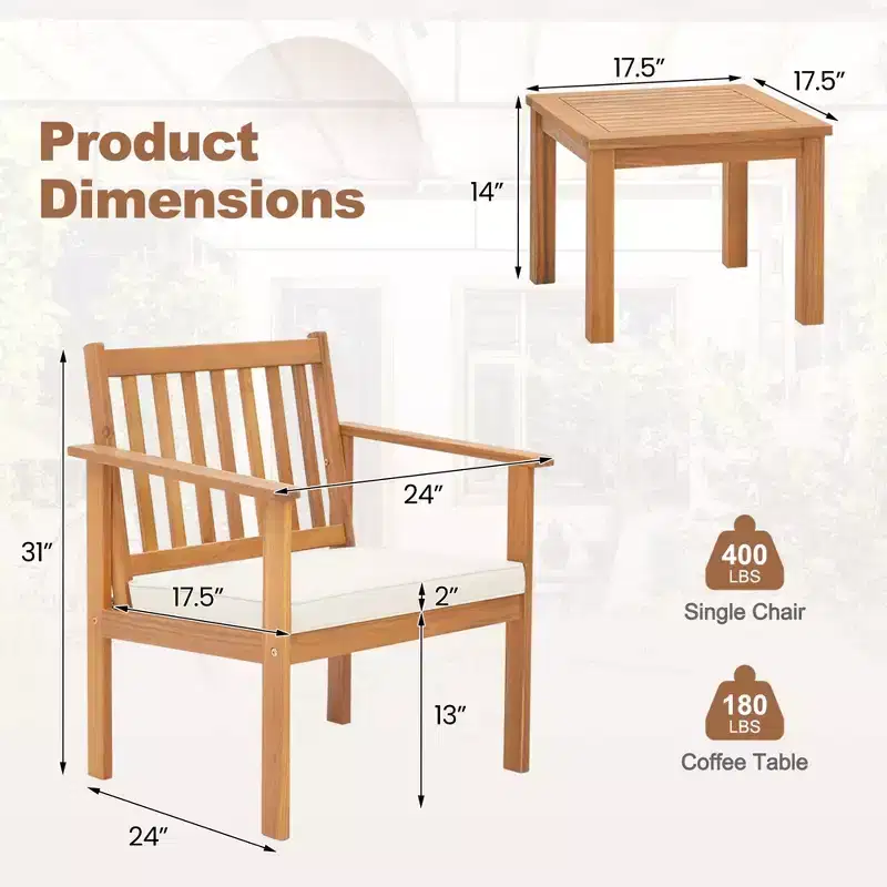 Costway 3 PCS Patio Wood Furniture Set Acacia Wood Chairs & Coffee Table with soft Cushions Grey/White