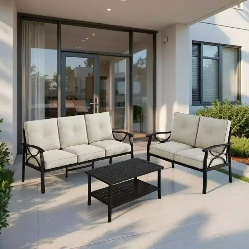 3-Piece Metal Patio Furniture Set, 5-Seat All-Weather Conversation Sofa with Thick Cushions