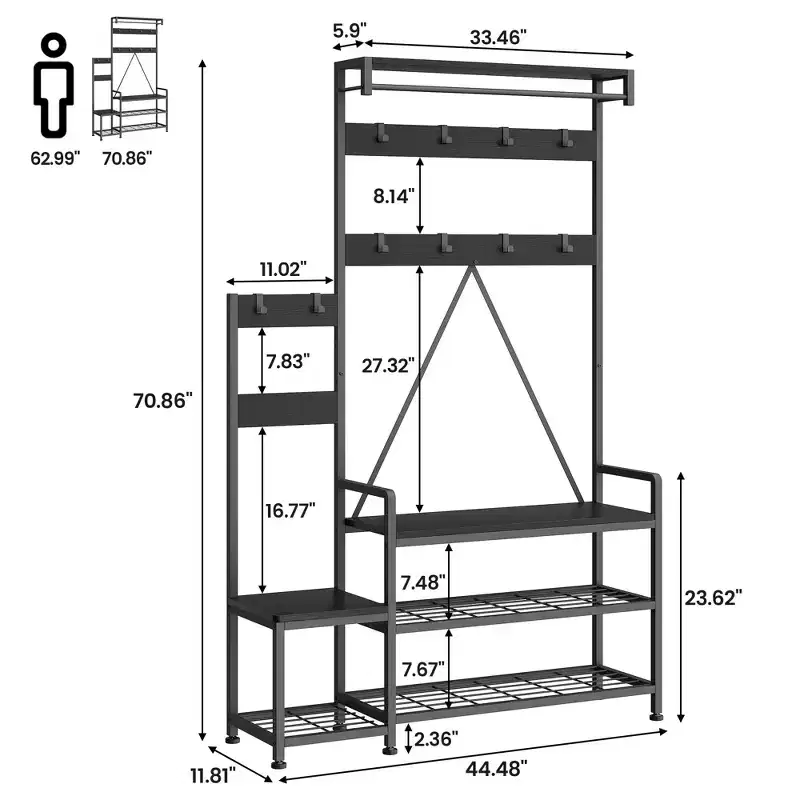 Entryway Shoe Storage Rack with Bench, Coat Rack Hall Tree with 7 Hooks and Storage Shelf, Entryway Coat Rack for Hallway Mudroom Bedroom
