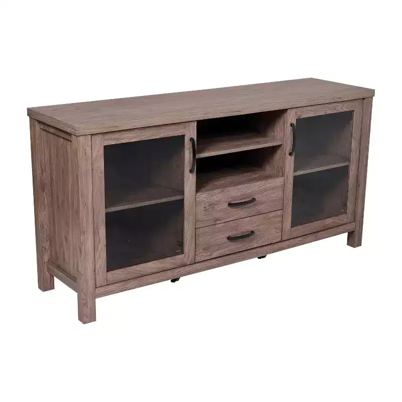 Flash Furniture Dion Modern Kitchen and Dining Room Buffet Sideboard Storage Cabinet, Engineered Wood with 2 Tempered Glass Doors, 2 Drawers, Open Shelf