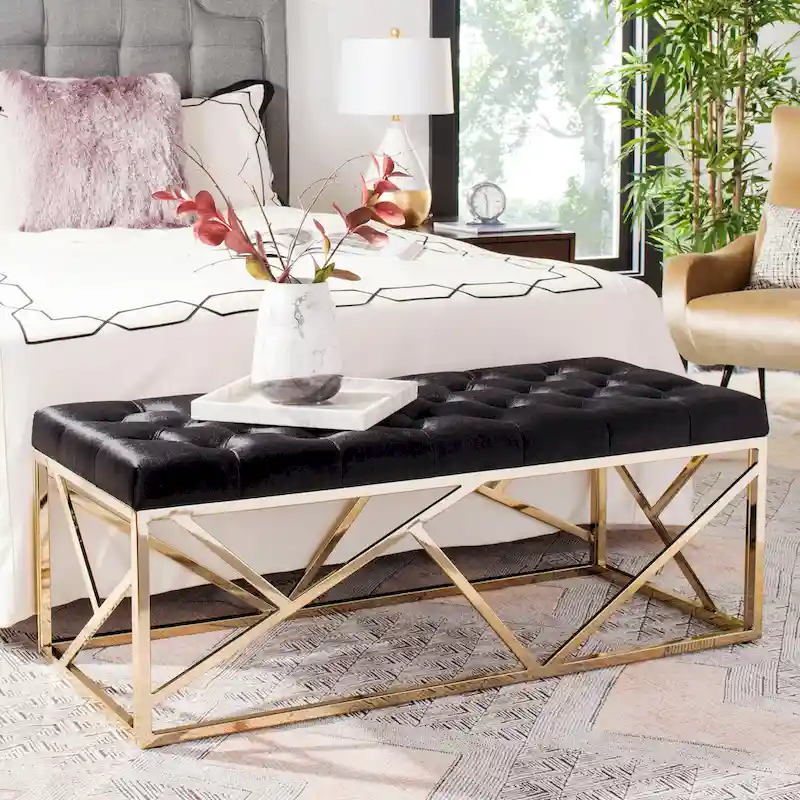 Black & Gold Tufted Rectangular Bench, Single Seat