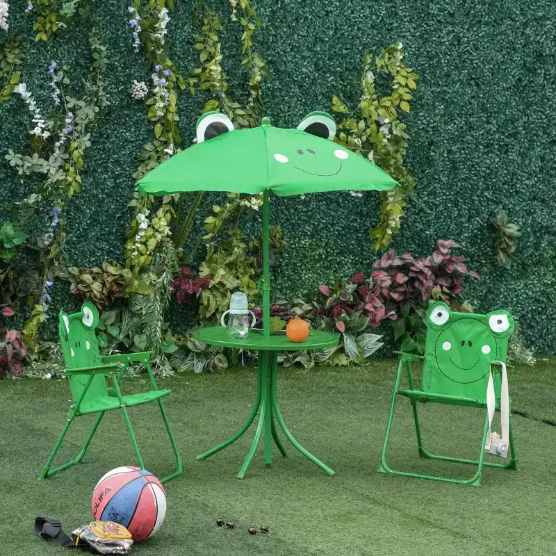 Outsunny Folding Kids Table and Chair Set, Picnic Table with Frog Pattern Removable & Height Adjustable Sun Umbrella for Garden, Backyard, Green