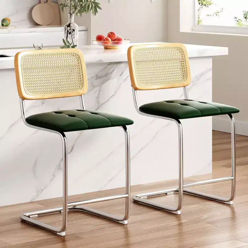 PexFix 2Pcs Counter Height Bar Stools Upholstered PU Leather Barstools with Rattan Back 24 inch Stools Armless Bar Chairs for Kitchen Island Green