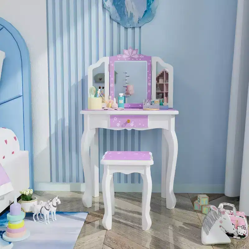 JOYMOR Kids Vanity Set, Wooden Princess Makeup Table with Stool, Tri-Folding Mirror, Large Drawer and Solid Wooden Legs, Purple