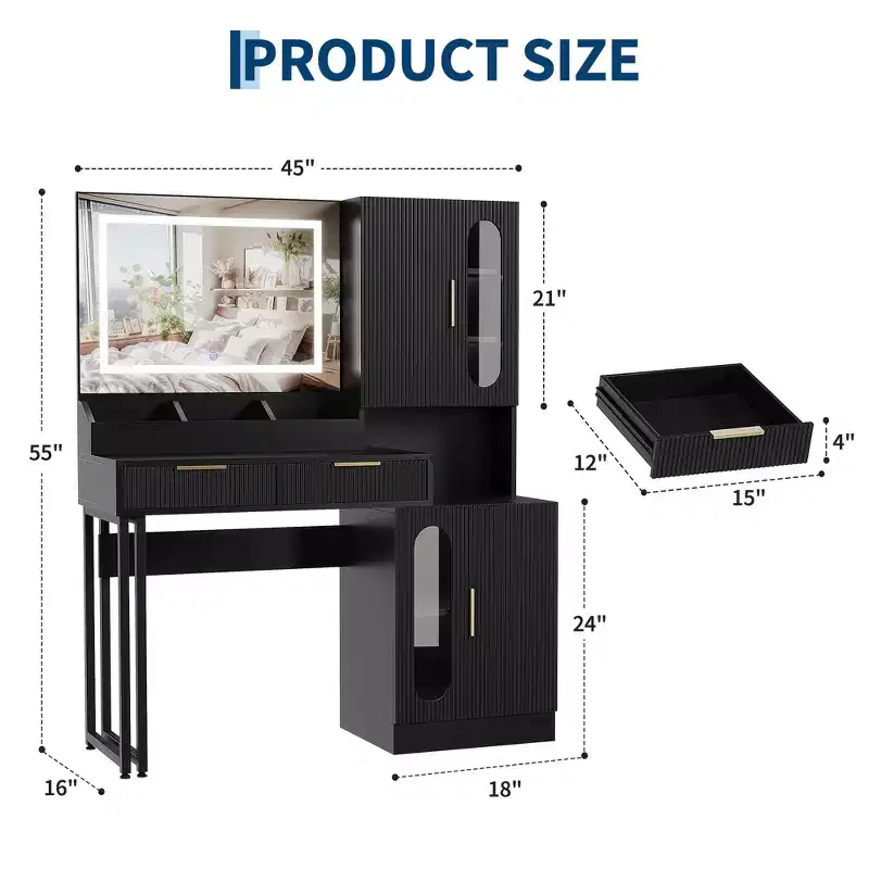 Fluted Makeup Vanity Desk with Lighted Mirror, Charging Station, Drawers & Storage Cabinets