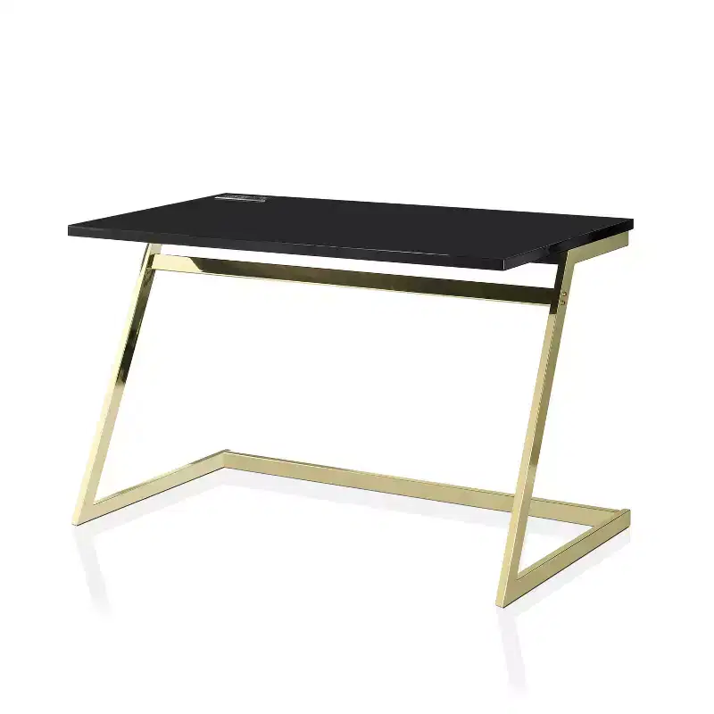Writing Desk with USB Charging Port Brass Plated High-Gloss Steel Frame