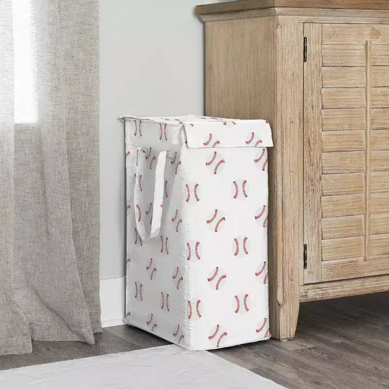 Boy Foldable Laundry Hamper with Handles, Baseball Print Red and White