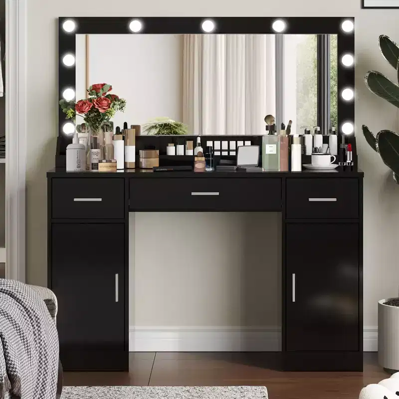 Modern 47 Wooden Vanity Desk with Mirror, 3 Lighting Modes and 3 Drawers