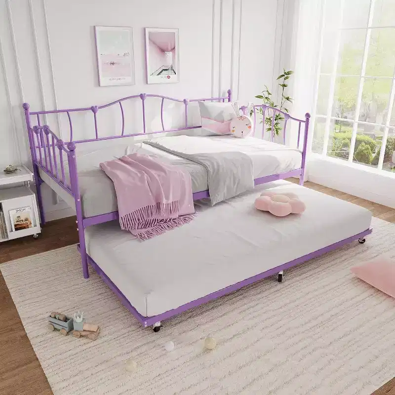 Purple Metal Twin Daybed with Pullout Trundle Bed, Love-Heart Design, Steel Slat Support, No Box Spring Needed, Space-Saving Sofa Bed