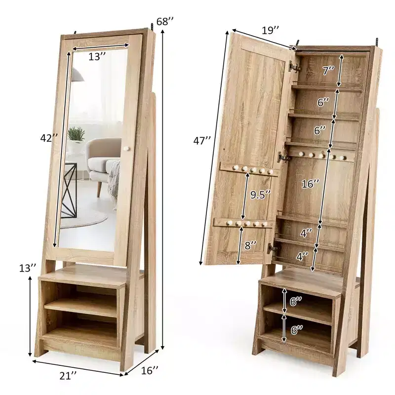 Costway Jewelry Cabinet Large Full Length Armoire 2-in-1 Stand Mirror Organizer